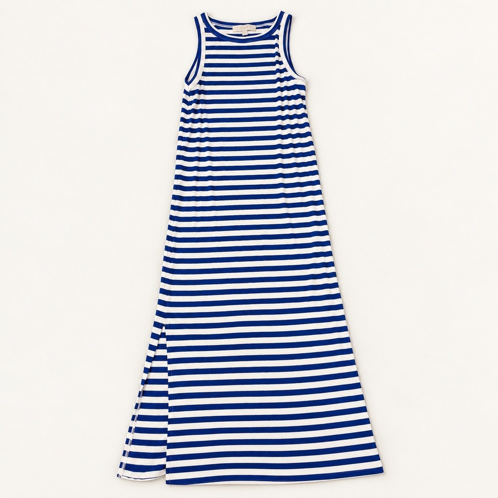 LOFT Womens Small Blue White Striped Ribbed Knit Sleeveless Maxi Dress Side Slit